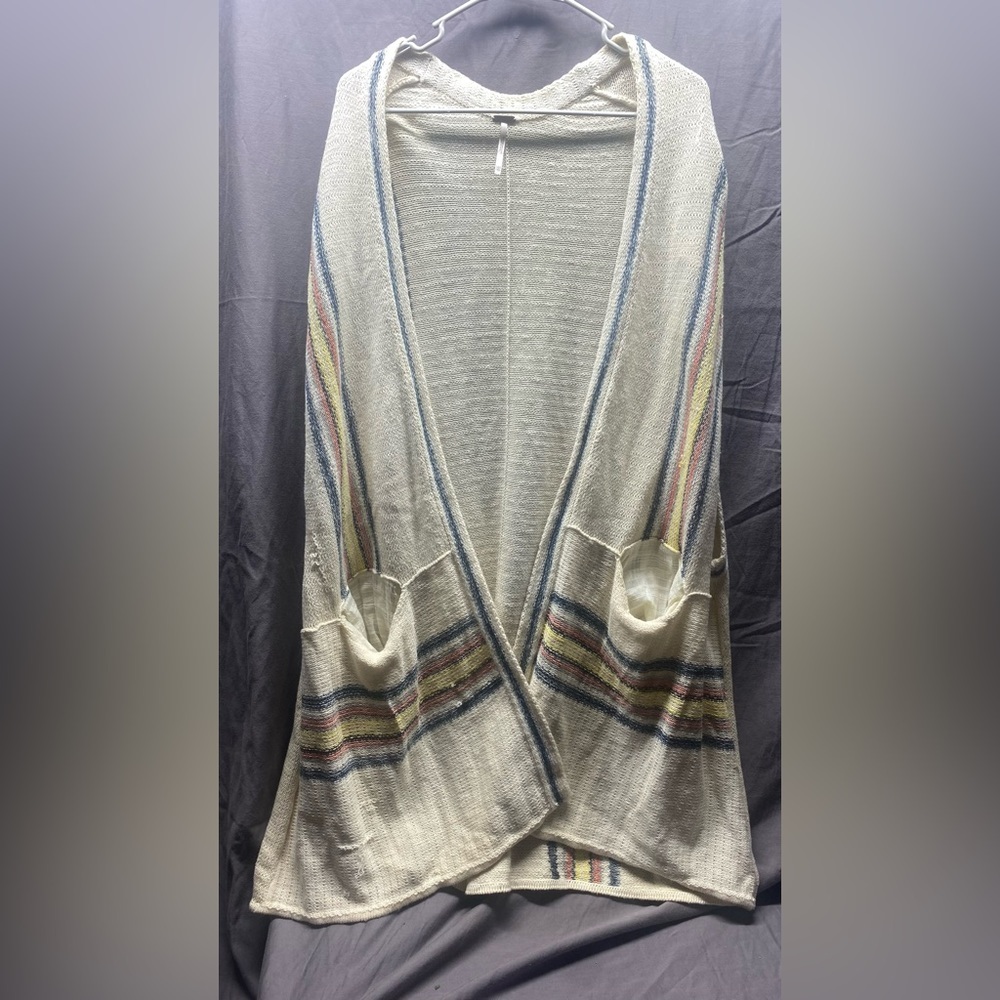 Free People Cream Open-Front Striped Cardigan